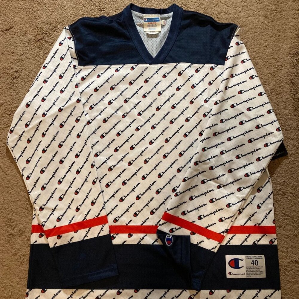 Champion Hockey Jersey sublimated all-over print white/blue, Medium NWT!